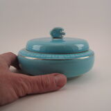 Turquoise blue earthenware candy box decorating stylized frieze fish Art Deco