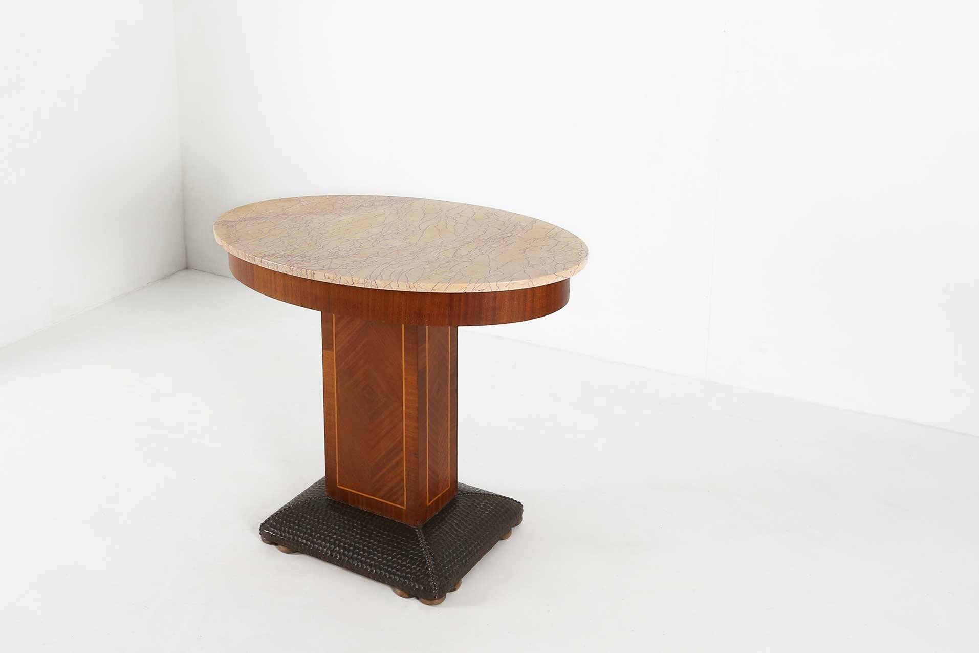Art Deco side table by De Coene Freres with wood inlay and marble top, 1930s
