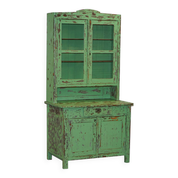 Buffet Victorien Vert Patiné à la Main, Bibliothèque ou Armoire