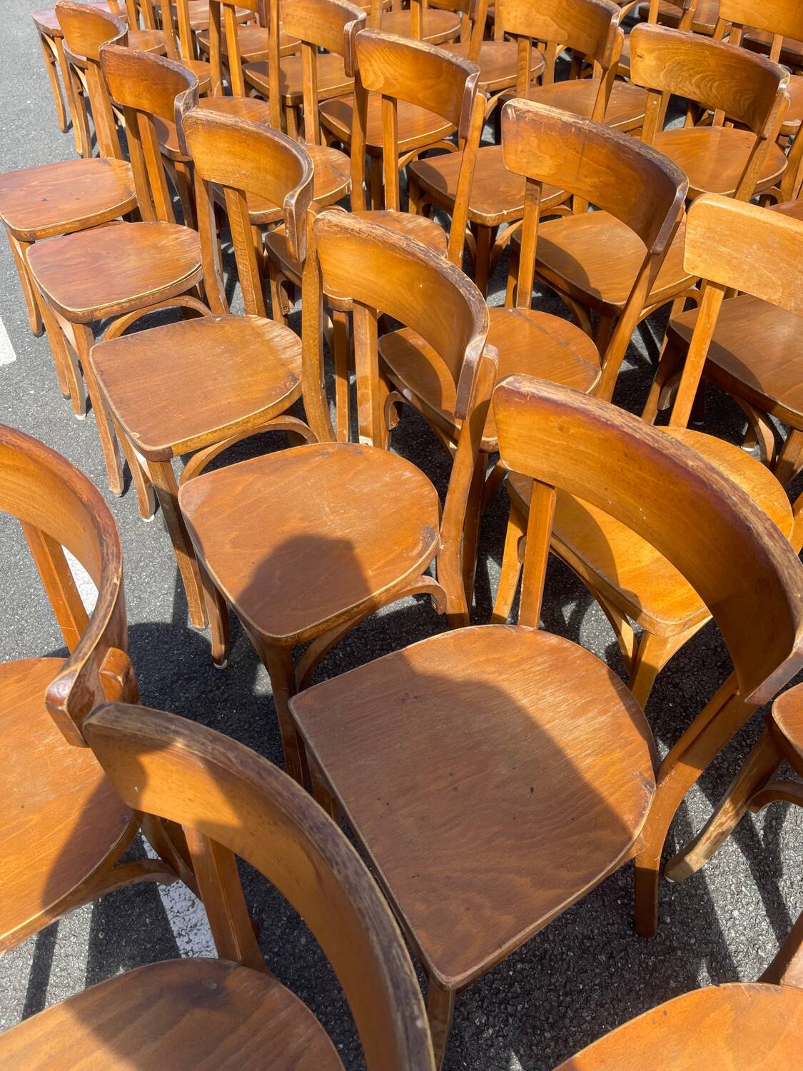 Lot of 60 wooden bistro chairs from the Baumann 1970s