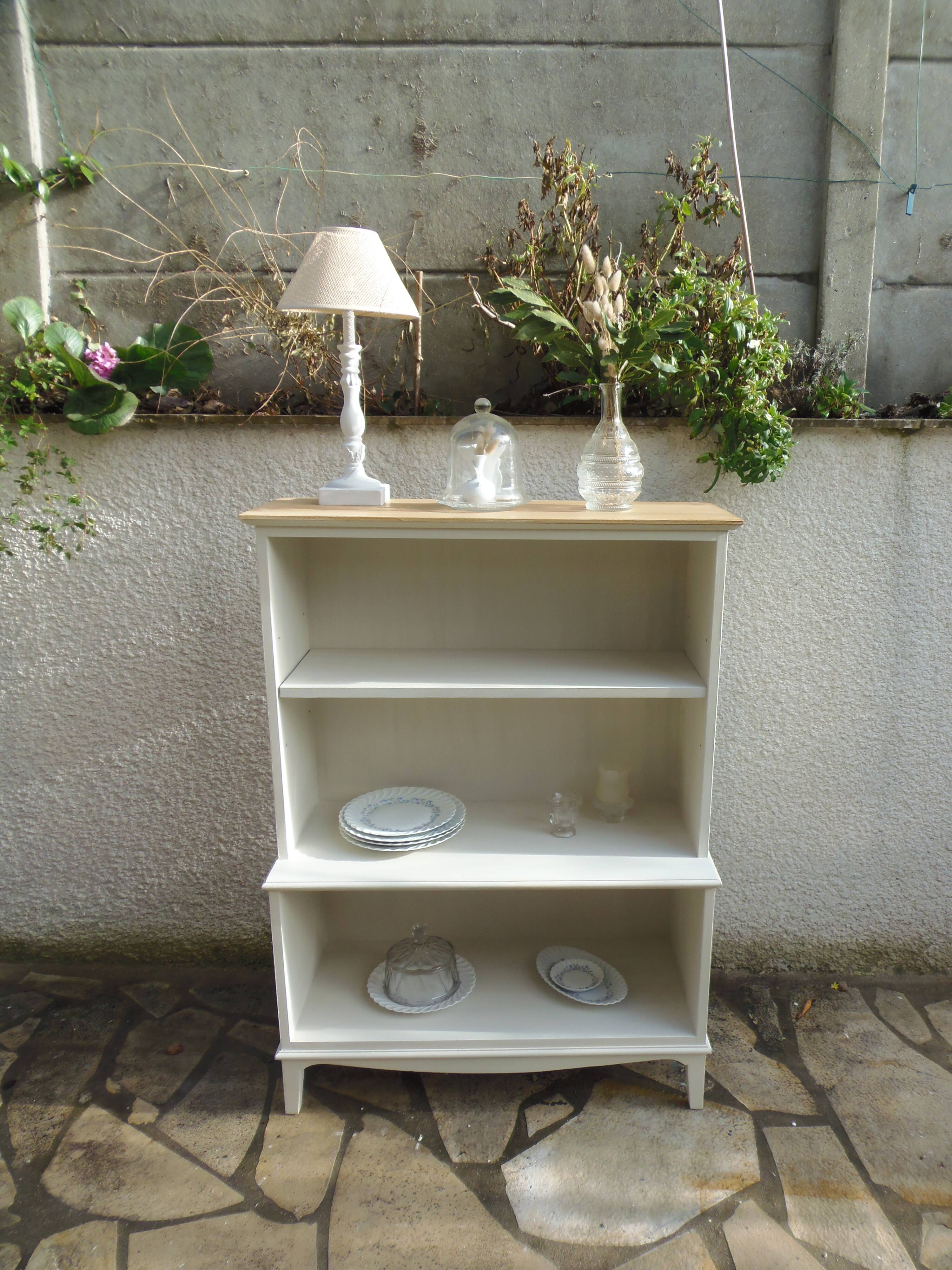 Vintage library enhanced in beige, wooden top.