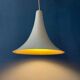 Small vintage beige pendant light in the shape of a witch's hat.
