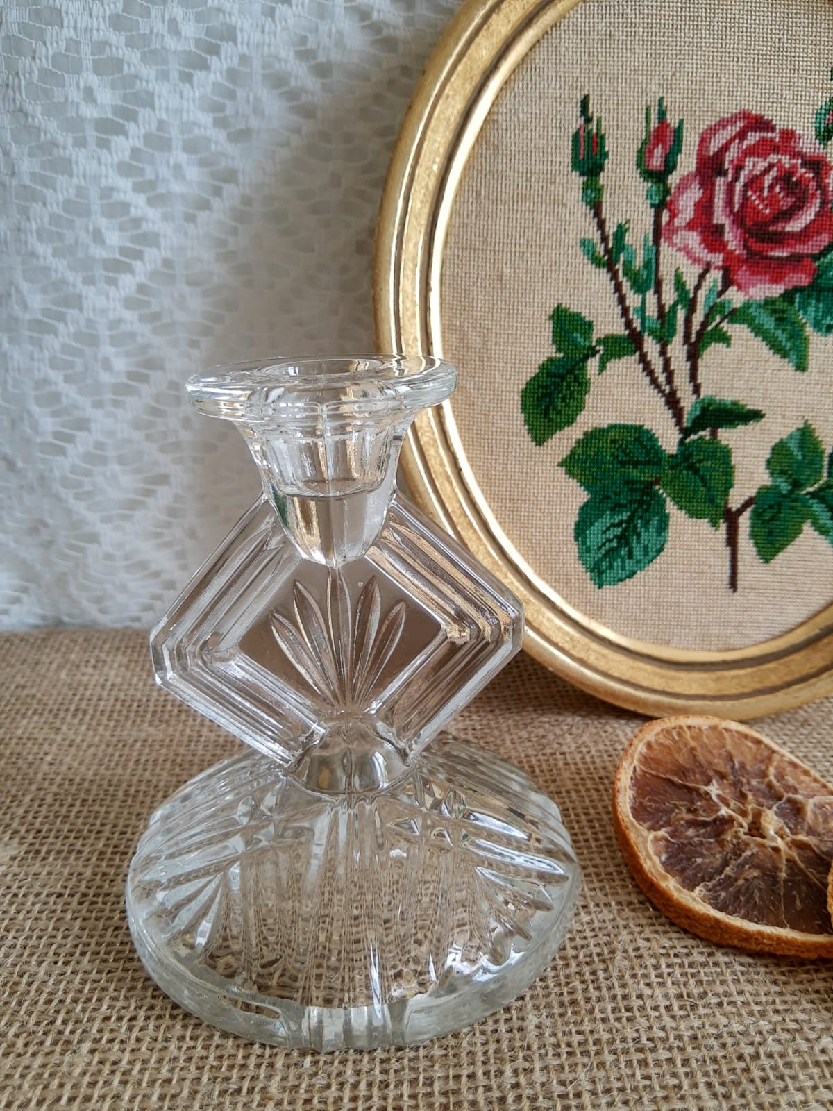 Art Deco chiseled glass candle holder - vintage