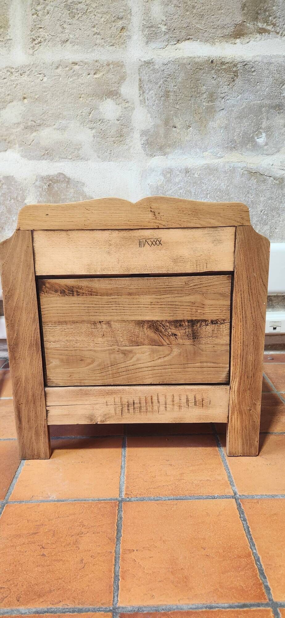 wood and marble bedside table revamped in terracotta