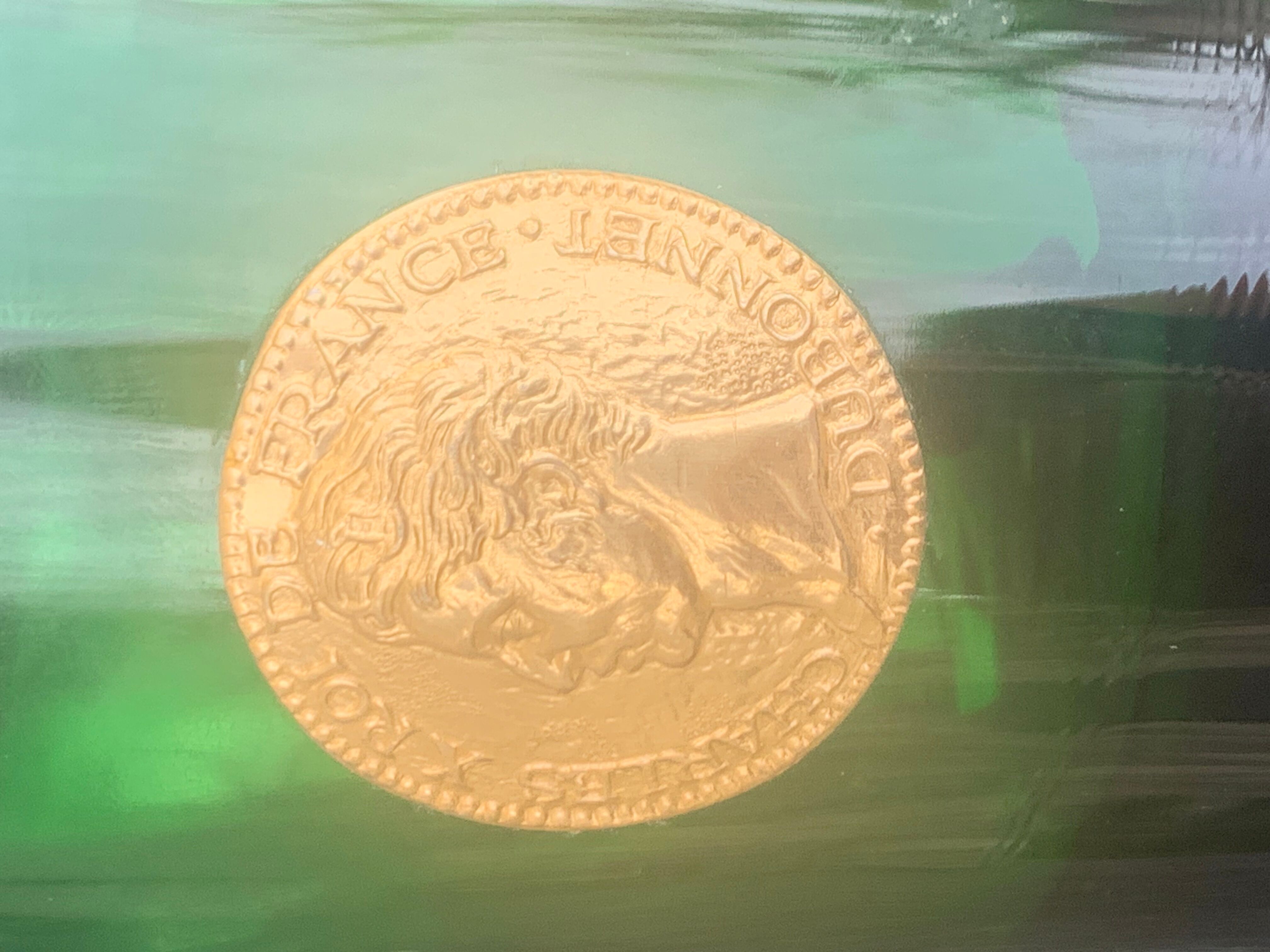 Set of 2 whisky glasses, aperitif, dubonnet, green glass, gold medalist in front, collector