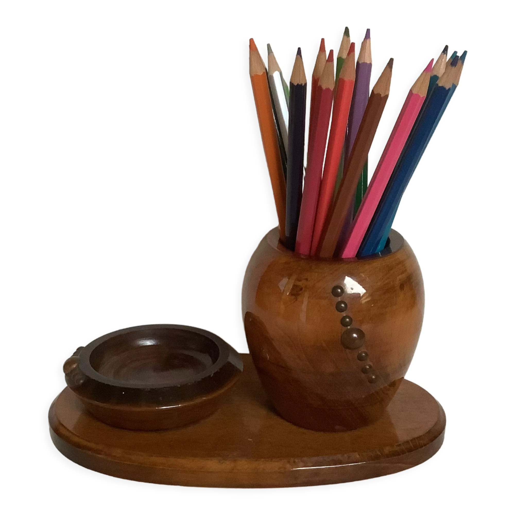 Old brutalist varnished wooden pencil pot