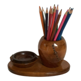 Old brutalist varnished wooden pencil pot