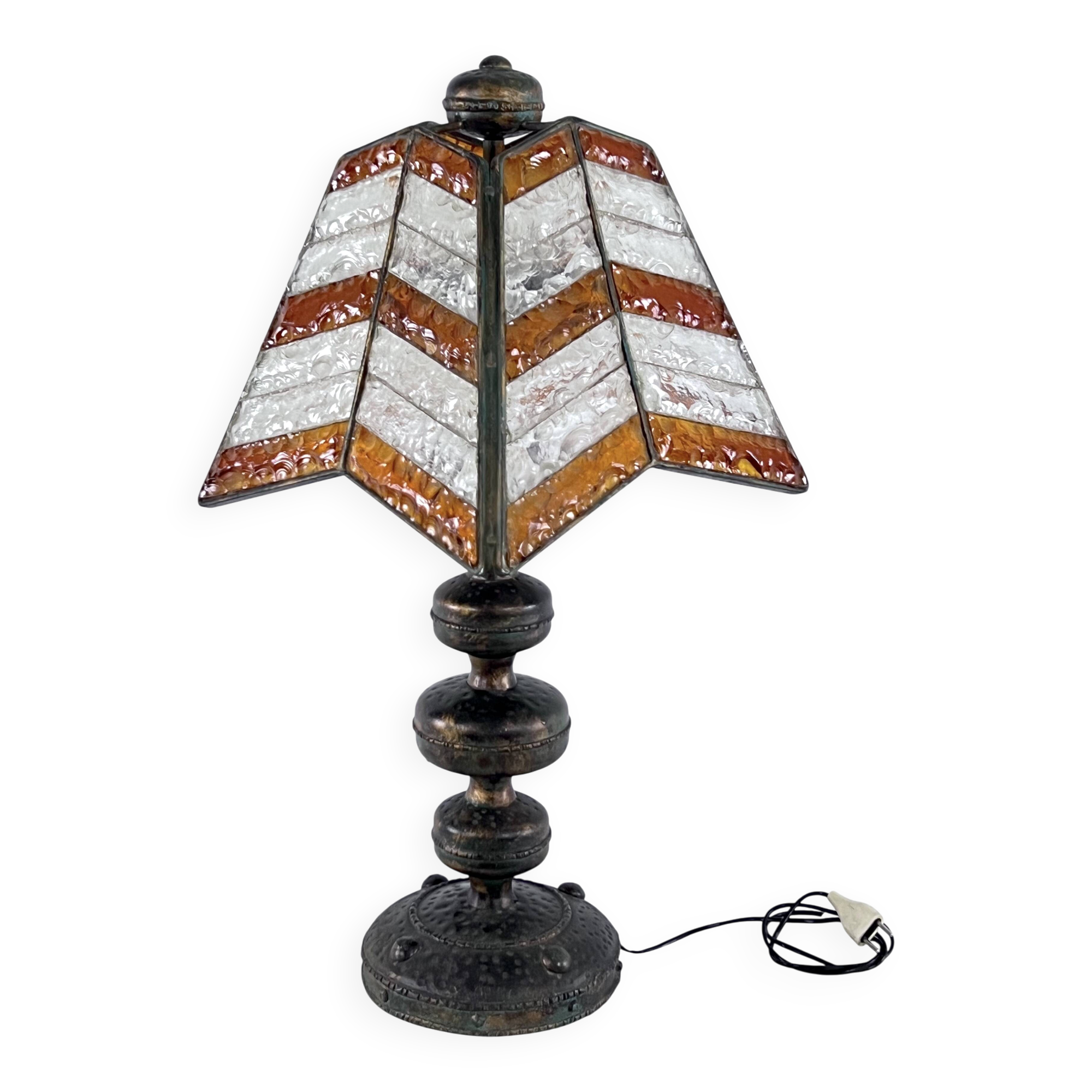 Monumental brutalist thick glass and metal table lamp by Longobard. Italy 1