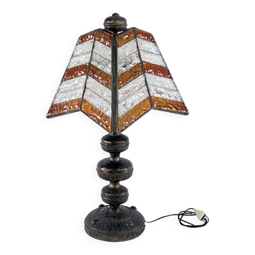 Lampe de table monumentale en verre épais et métal de style brutaliste par Longobard. Italie 1