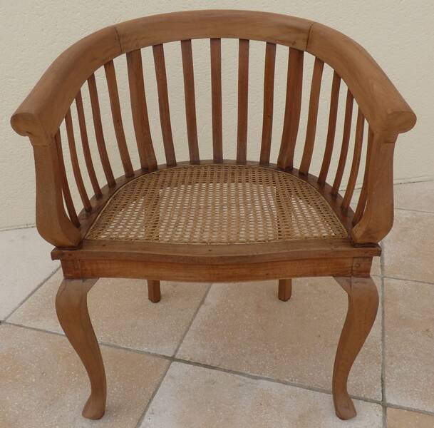 2 Colonial armchairs in natural solid wood with cane seats