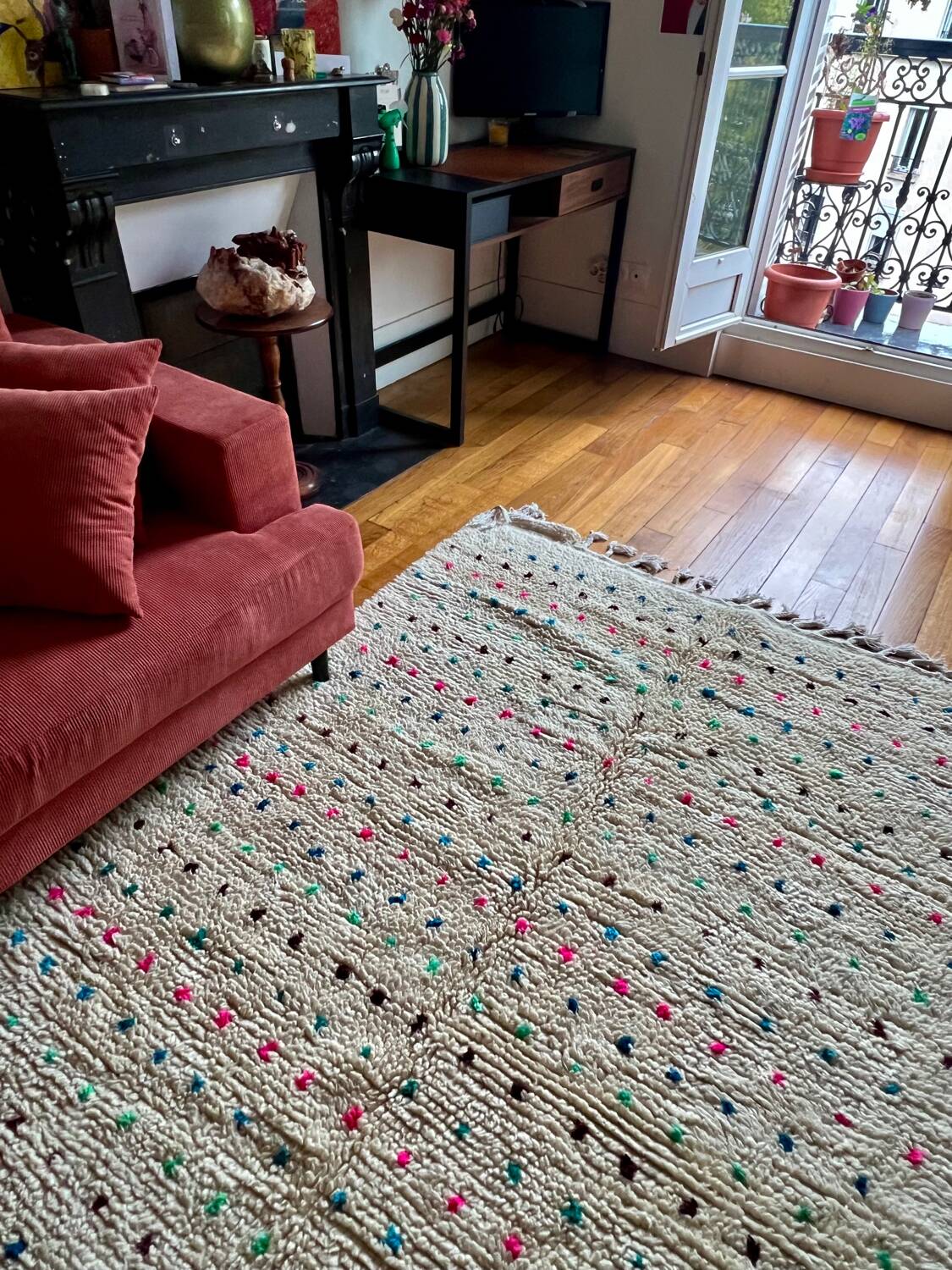 Berber Beni Ouarain handmade rug with small colorful polka dots