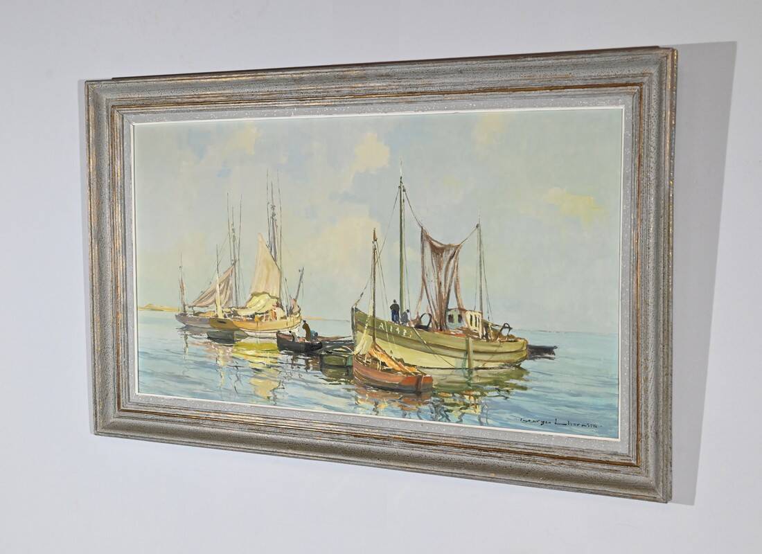 Oil Painting on Hardboard “Trawler and Tuna Boats”, signed G.Lhermitte – Mid 20th century