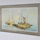 Peinture à l’Huile sur Isorel « Chalutier et Thoniers », signée G.Lhermitte – Milieu XXe