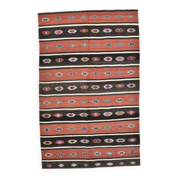 5x9 Red & Brown Striped Pattern Vintage Kilim Rug, 168x264Cm