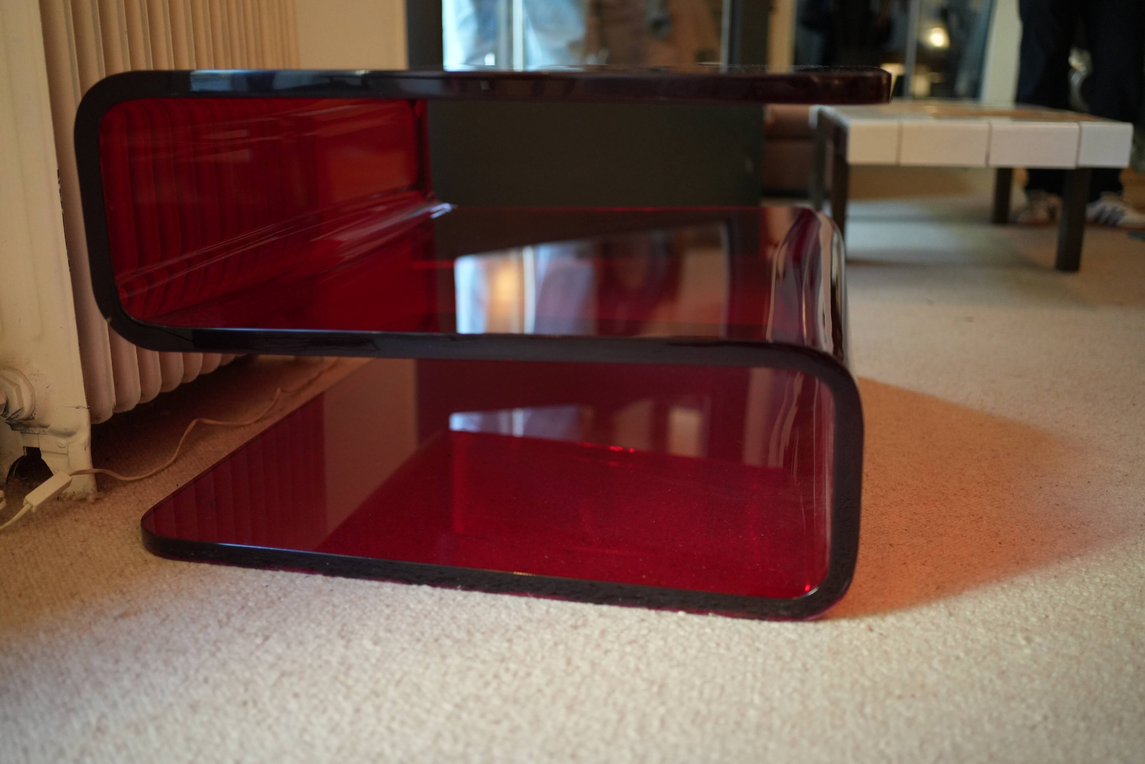 Red Plexiglass Coffee Table from the 1970s, French Design, Aesthetic