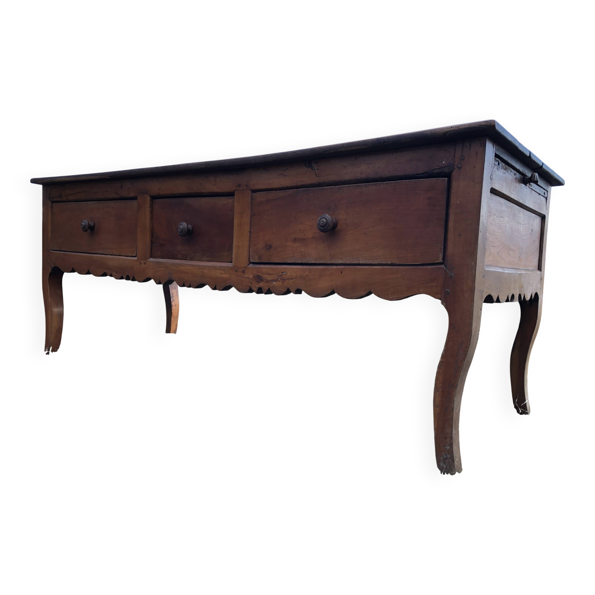 Antique Louis XV paneled table with 3 front drawers in solid cherry wood