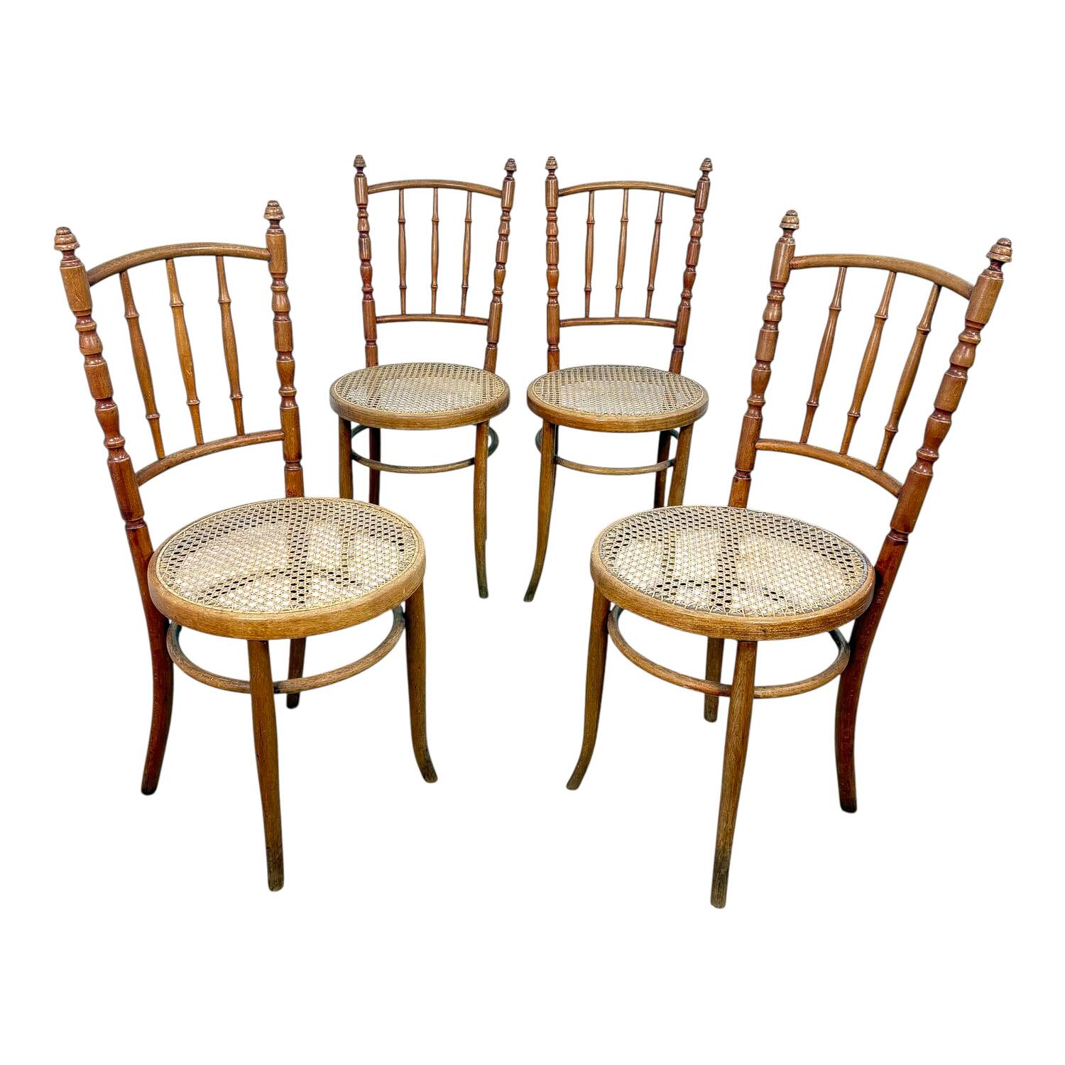 Set of Four Antique Bentwood Café Chairs – Thonet / Fischel Style – Cane Se
