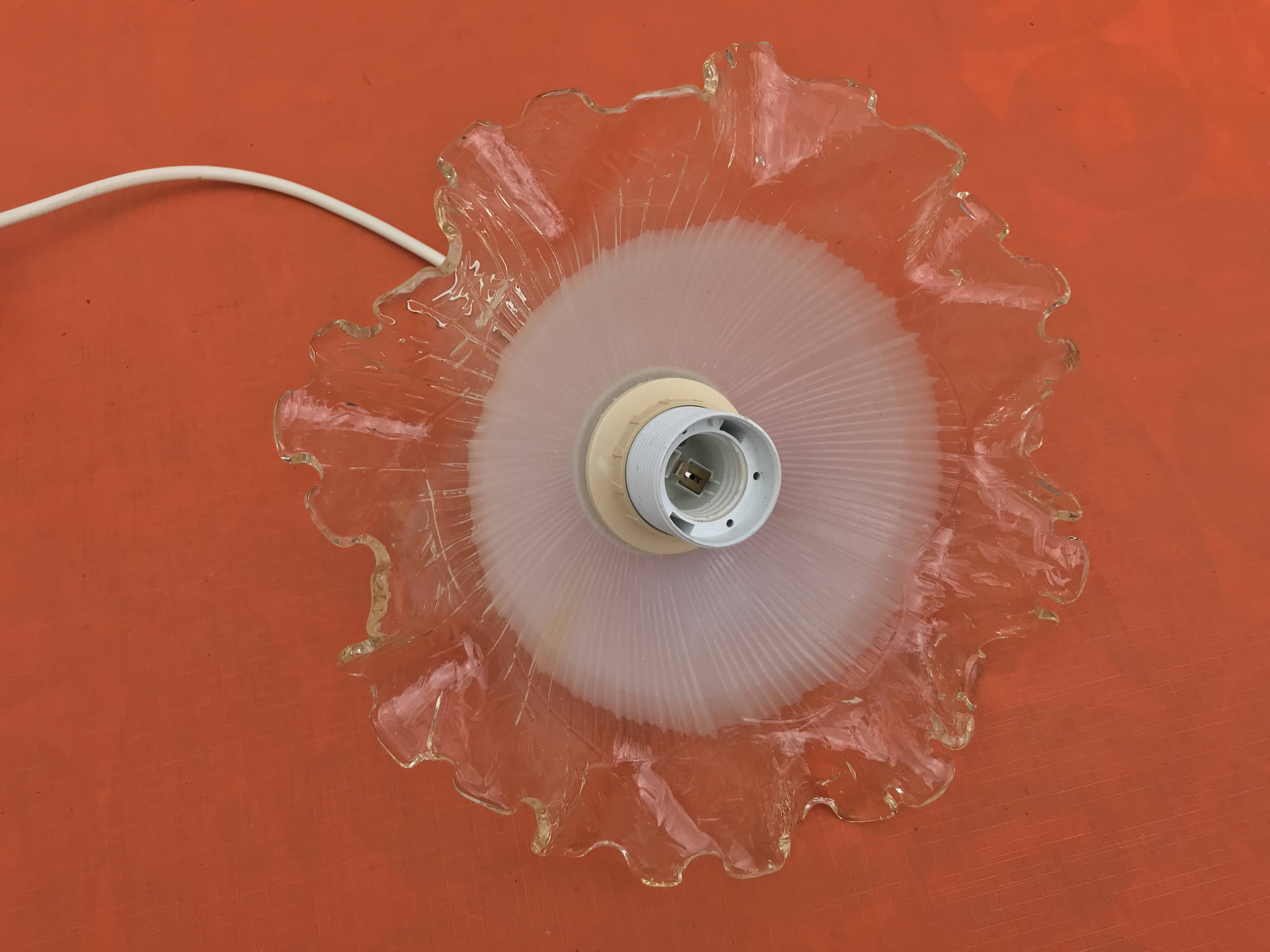 1930s Clear and Milk White Glass Ruffled Lampshade