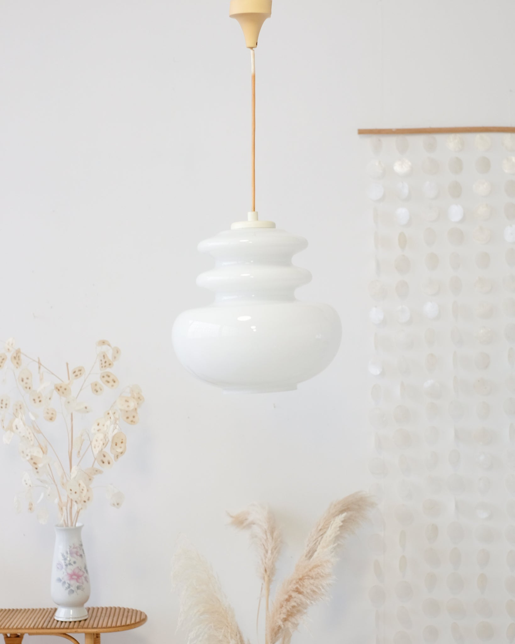 Large vintage suspension lamp in white opaline