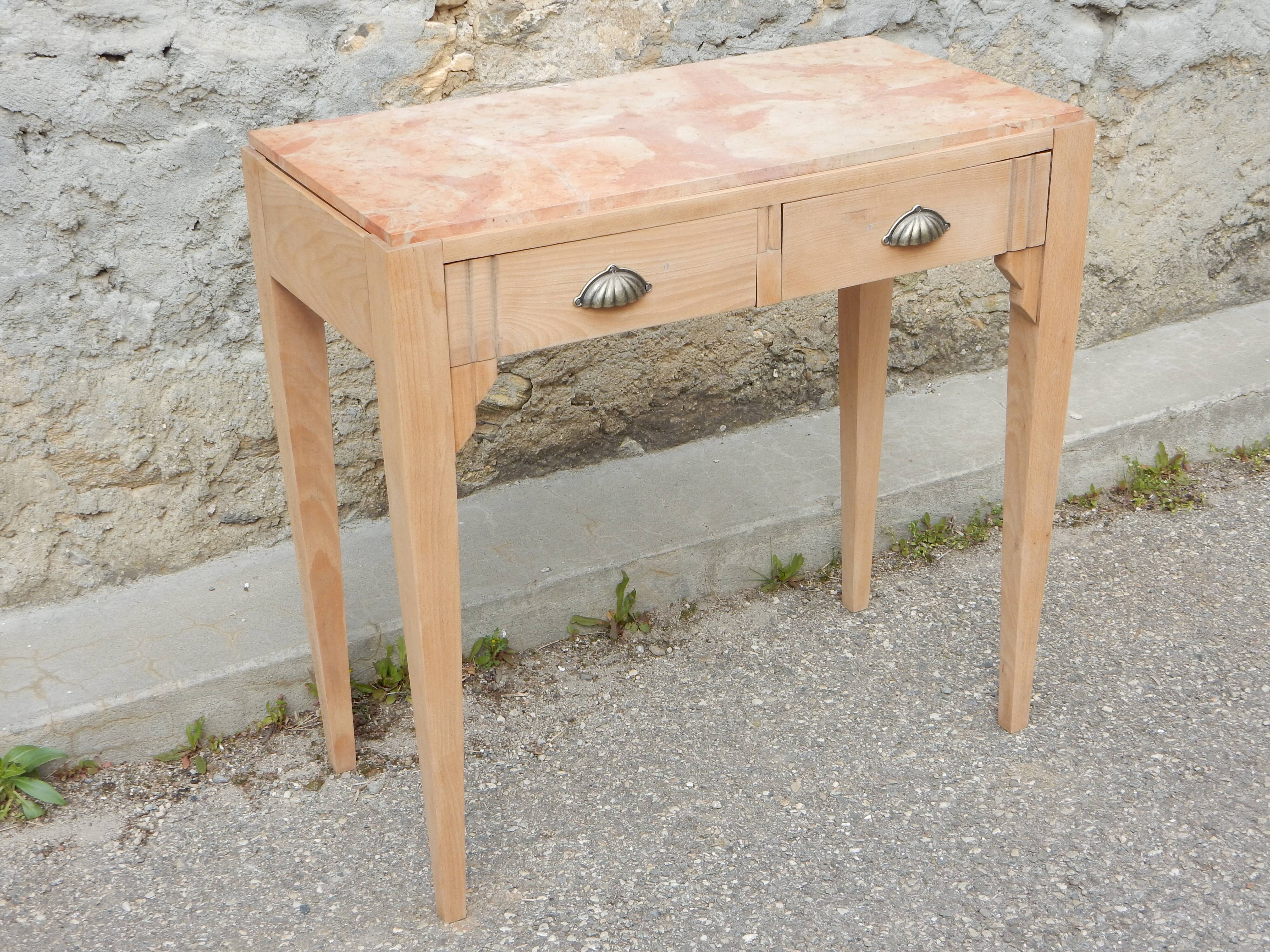 Ancienne console Art Déco - Hêtre et marbre rose - Table d'appoint