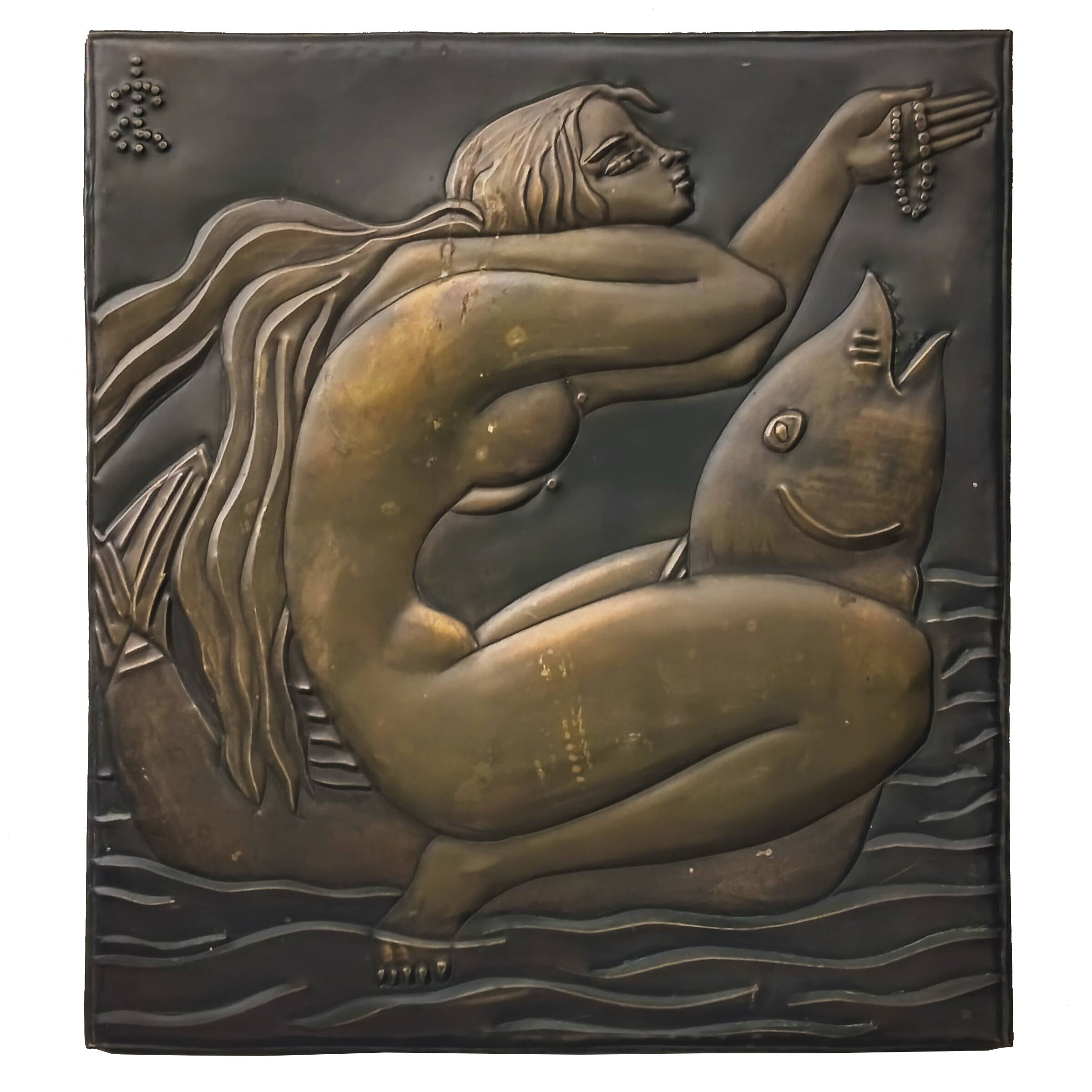 Brass table featuring a woman and a dolphin, France, 1960s.