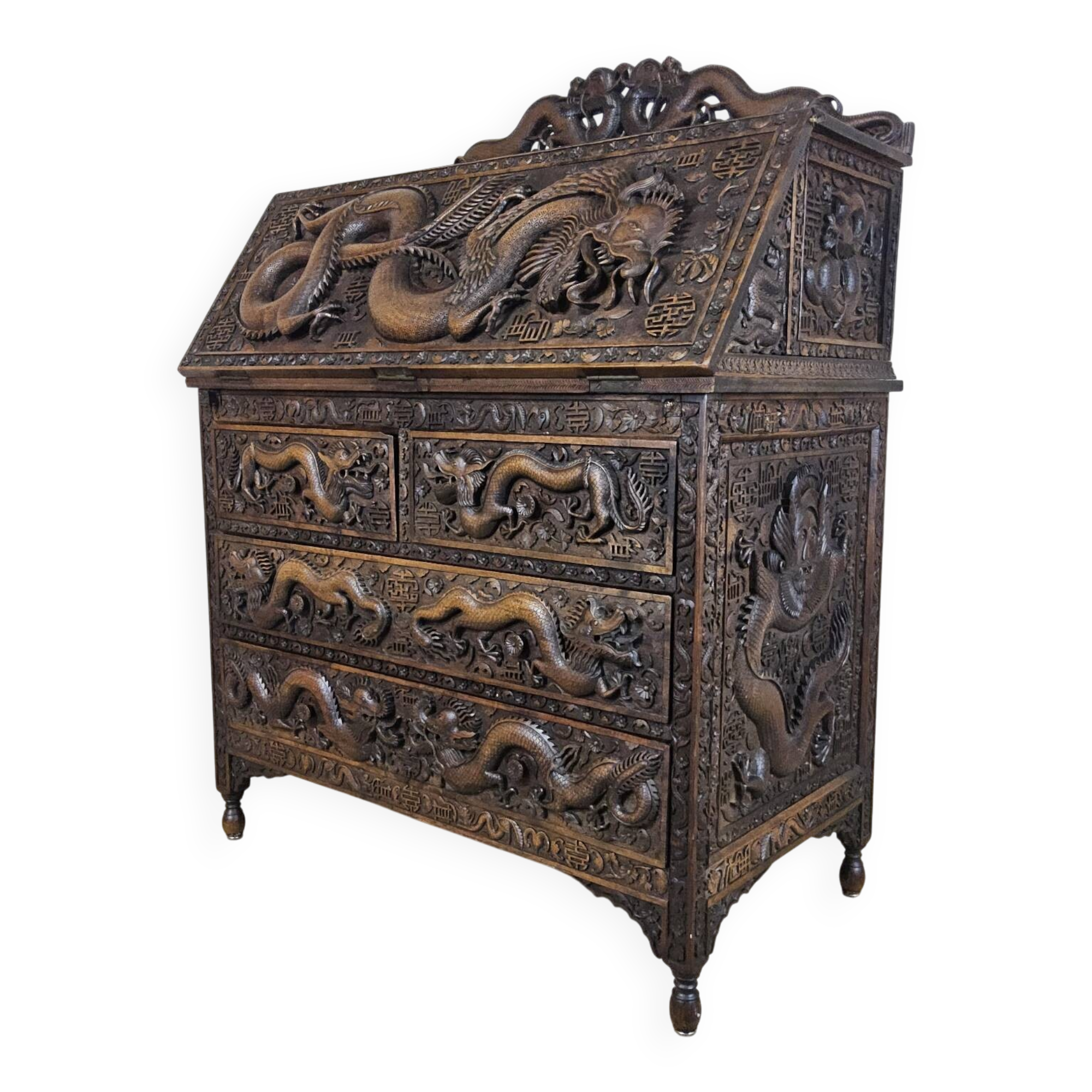 Antique 19th-century Chinese secretary with dragon woodcarving