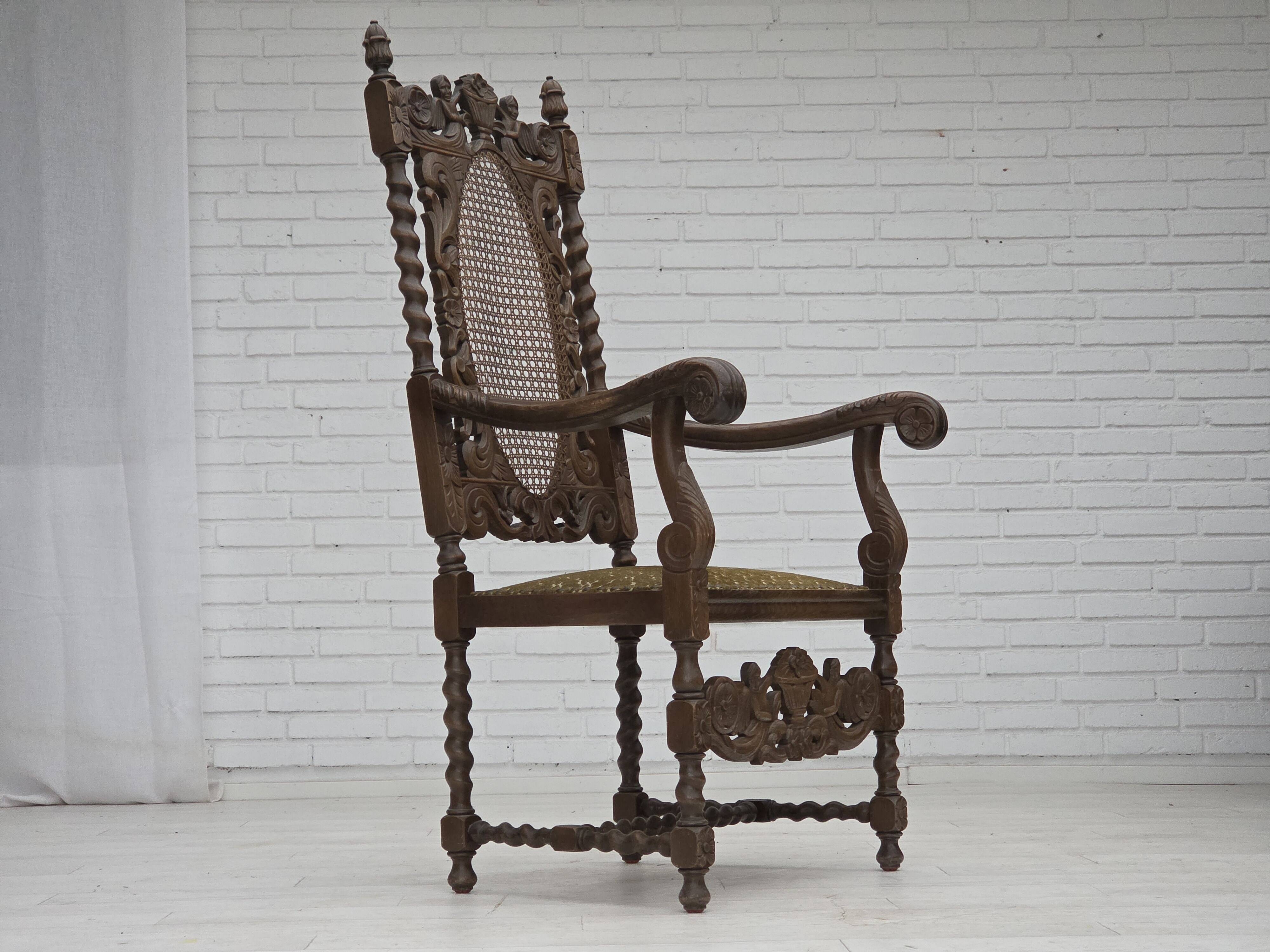 1930s, Danish highback armchair, furniture mesh, velour, carved oak wood.