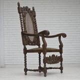 1930s, Danish highback armchair, furniture mesh, velour, carved oak wood.