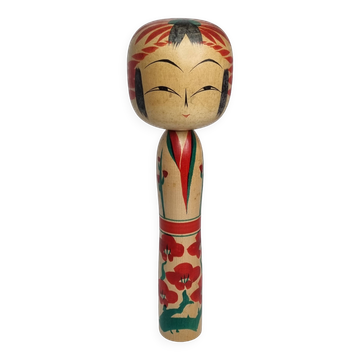 Vintage Japanese Kokeshi doll dated 1987, signed and numbered, floral decoration, 36 cm