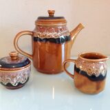 Coffee maker, milk pot and sugar décor Hawaii of the Sarreguemines vintage Earthenware 60s-70s