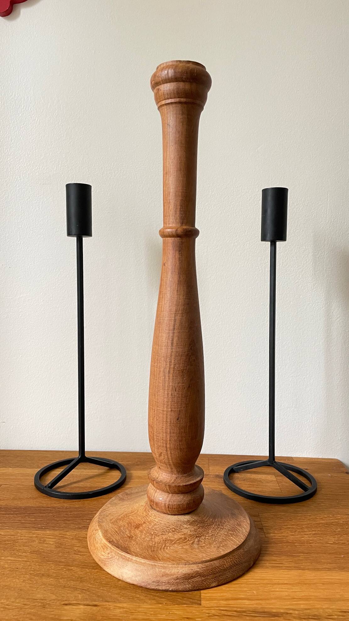 Trio of Vintage Teak and Steel Candlesticks