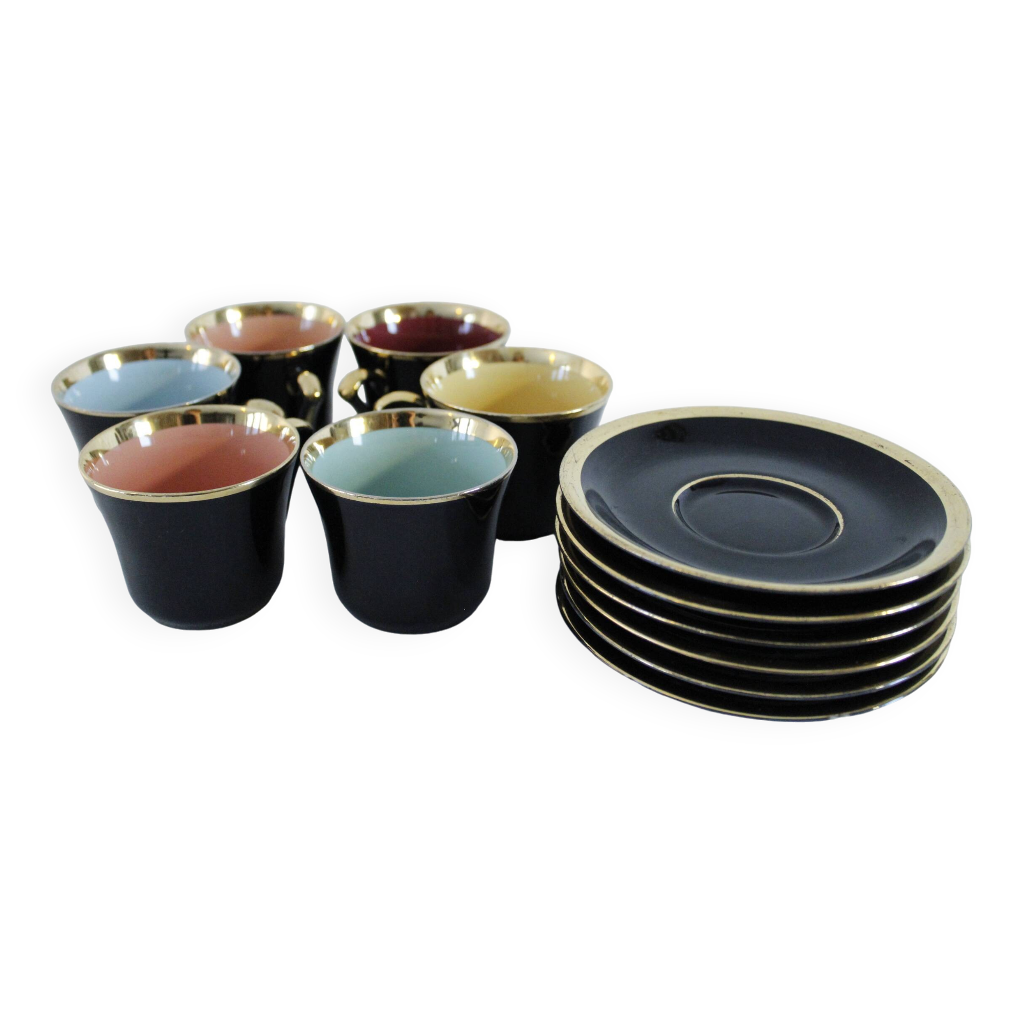 Porcelain coffee set - Porcelac - 6 cups + saucers - black and colors