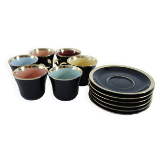 Service à café en porcelaine - Porcelac - 6 tasses + soucoupes  - noir et couleurs