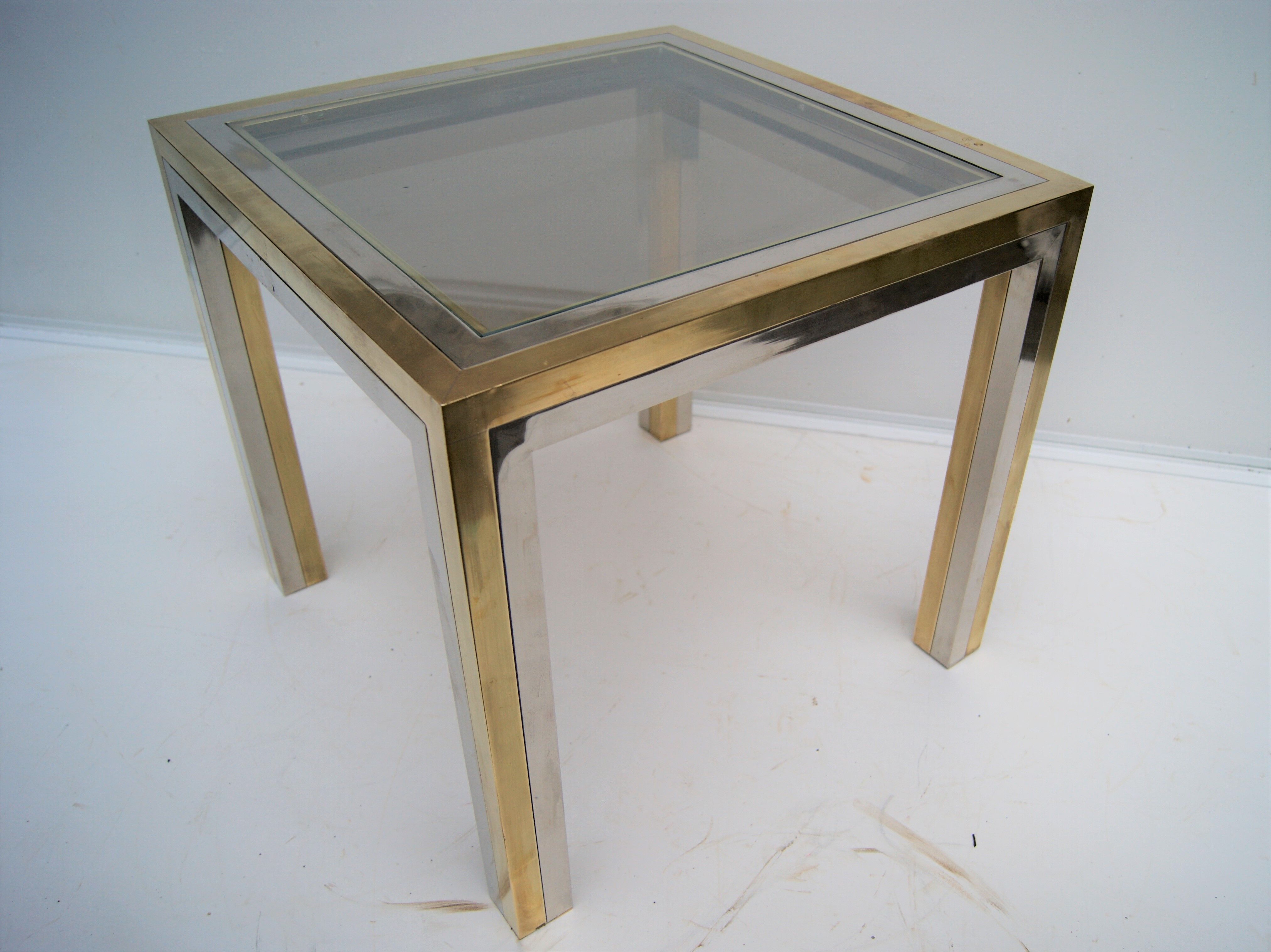 Piece of sofa coffee table brass chrome, brass. 2 glass trays. Italy 1970's