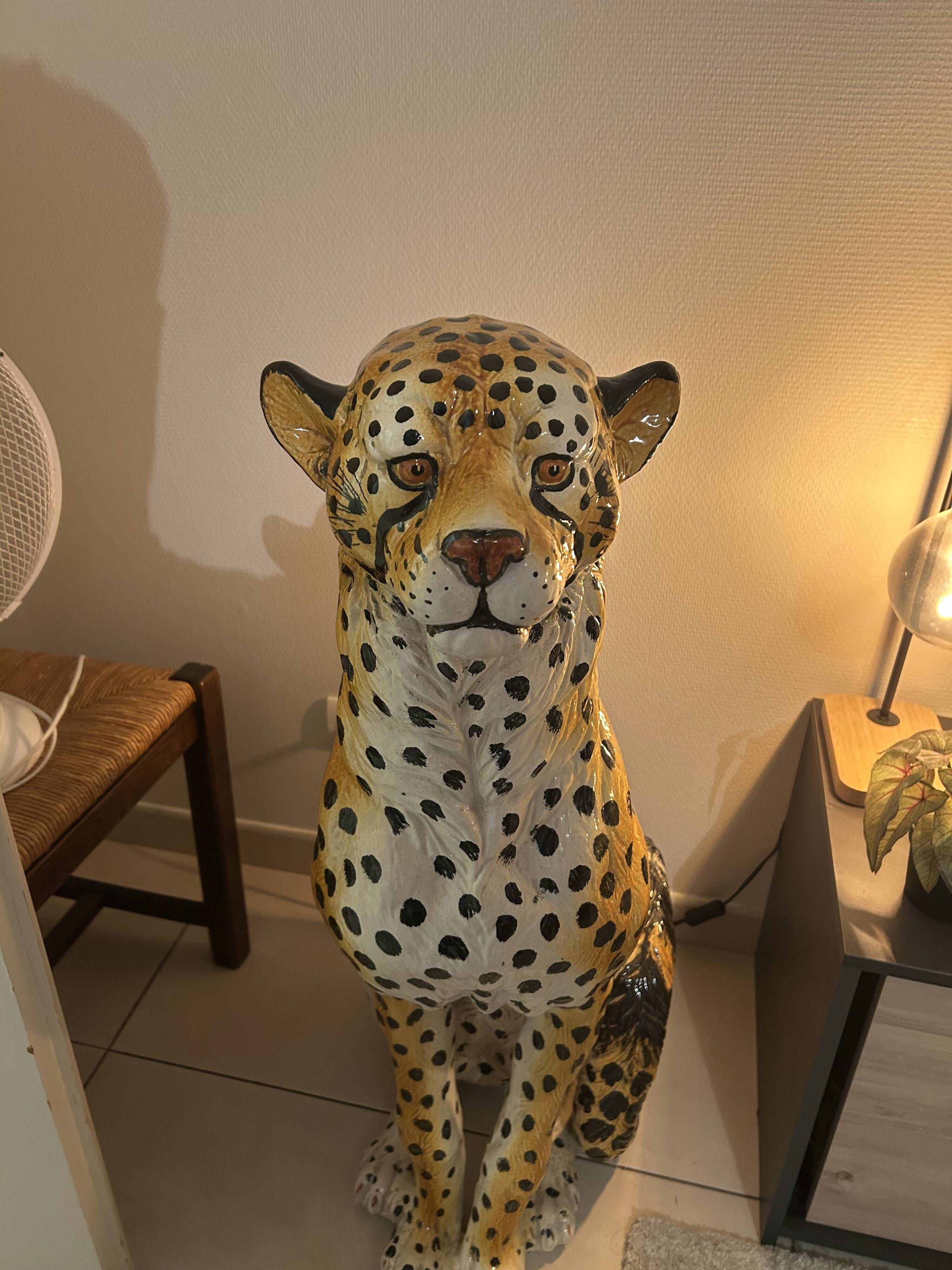Large glazed ceramic cheetah statue - Vintage decoration