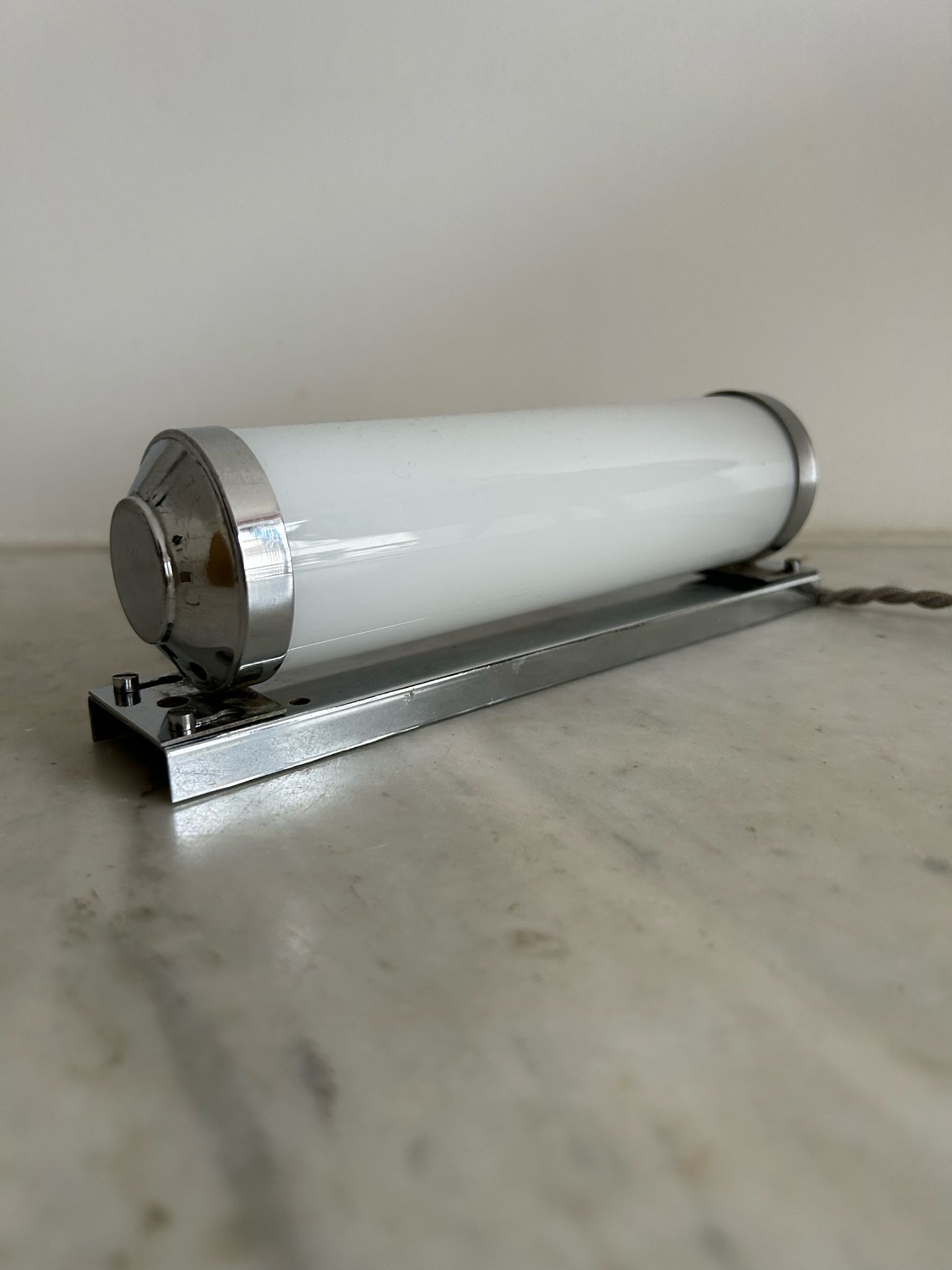 Vintage modernist wall lamp, chrome and opaline glass, France 1930