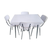 Set in white formica, table and 4 chairs, vintage, 70s