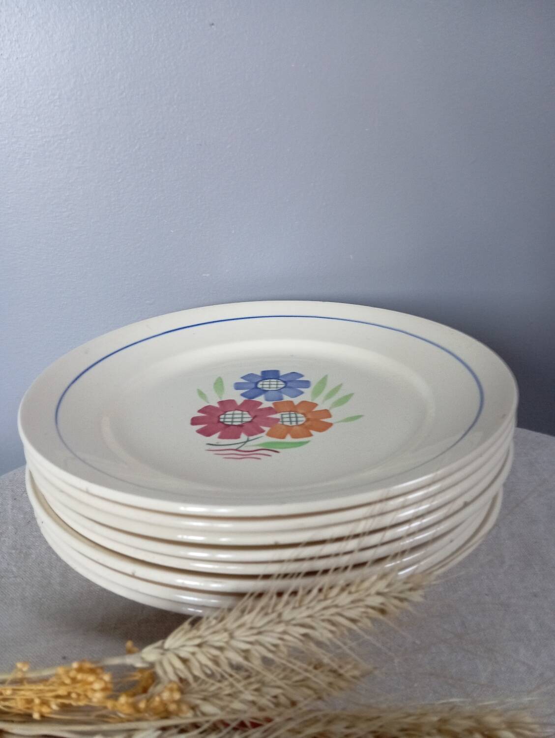 8 old flat plates decorated with flowers, Agnès model by K&G Lunéville