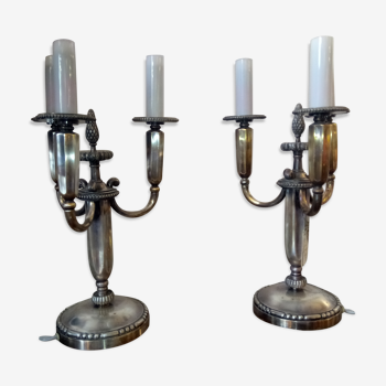 pair of candelabra with three lights in silver bronze