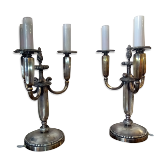 pair of candelabra with three lights in silver bronze