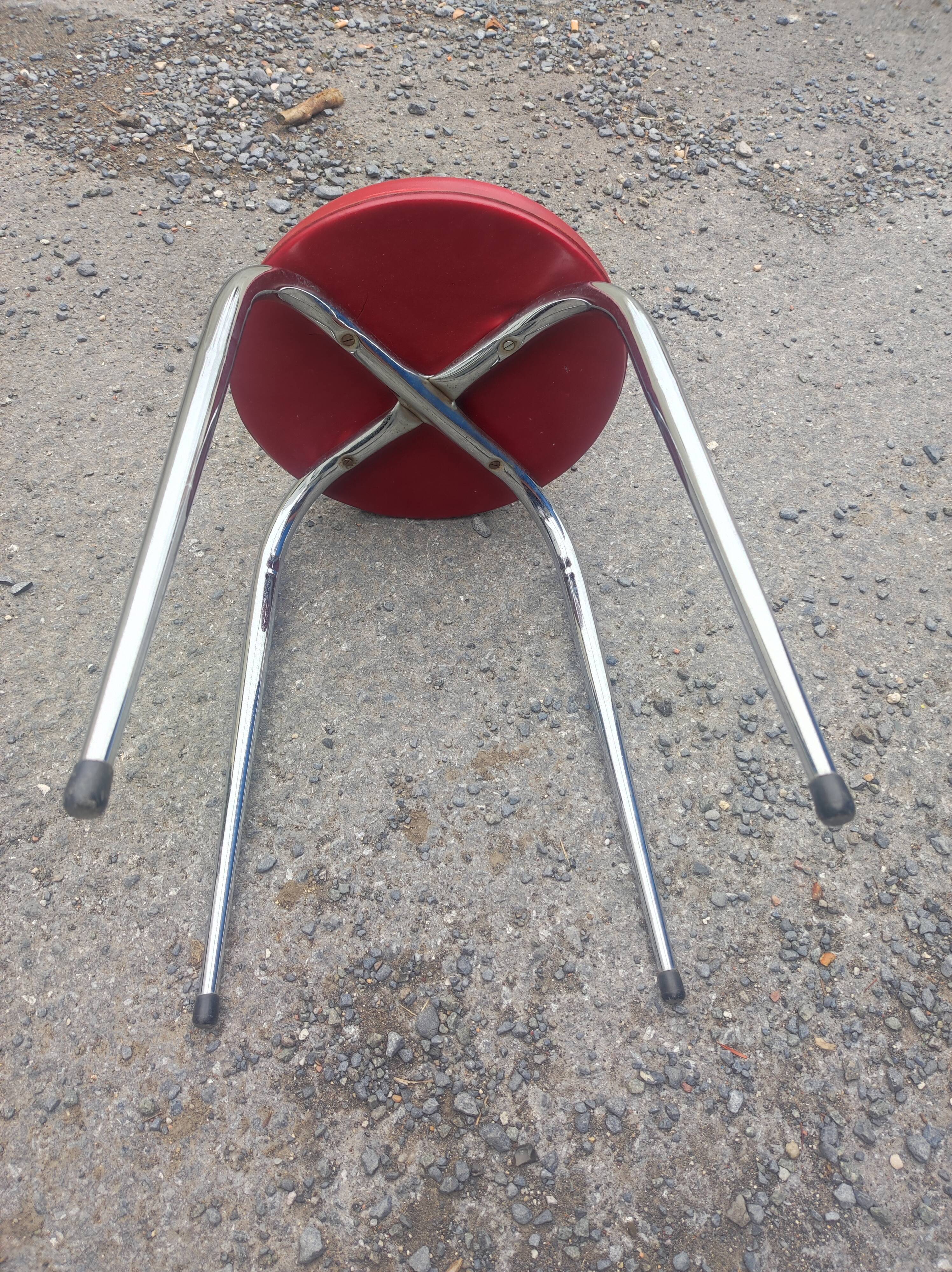 Stool tubing metal chrome seat imitation leather red vintage