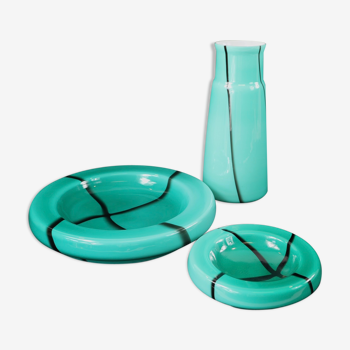 Ensemble trois vases en verre vert de Murano, vintage