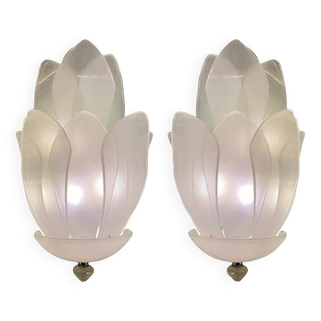 Set of Two Contemporary Venetian Sanded Glass Floreal Wall Sco