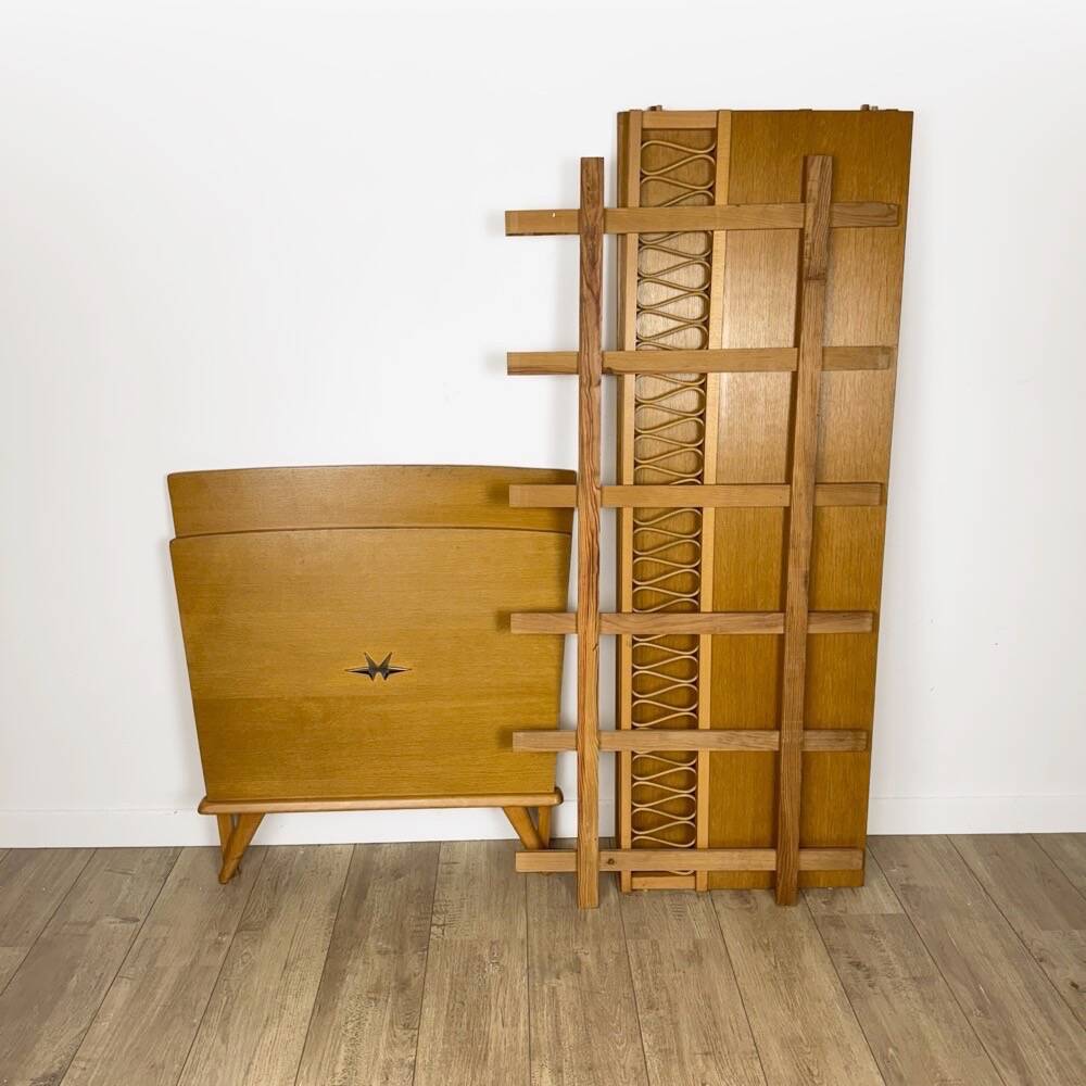 Bohemian wooden and rattan children's bed from the 60s