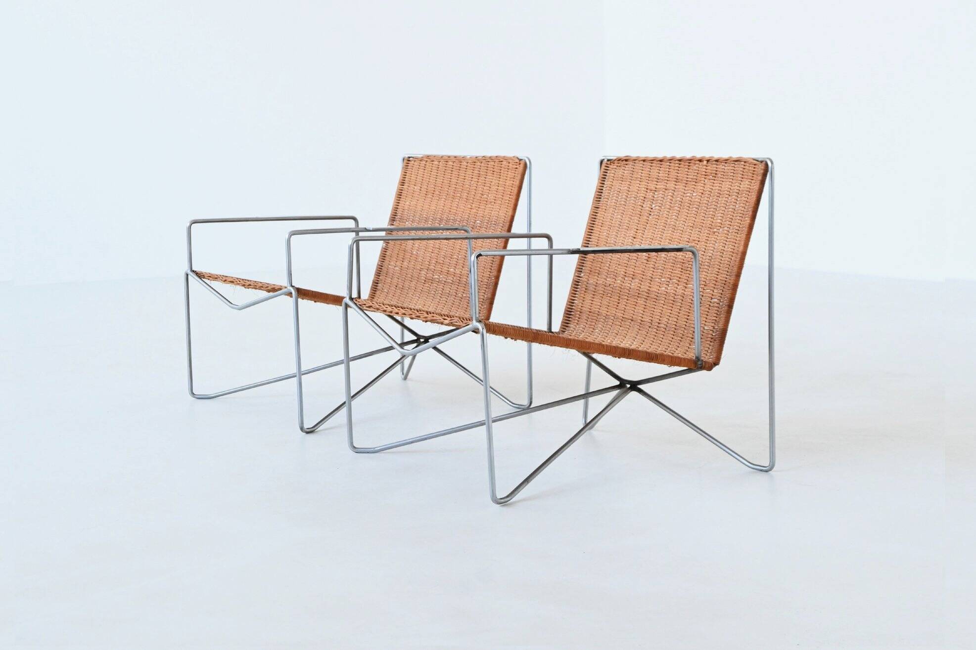 Pair of lounge chairs steel and rattan Gelderland The Netherlands 1964