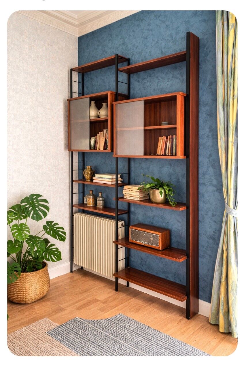 Modular Scandinavian library shelves - lacquered mahogany metal 1970