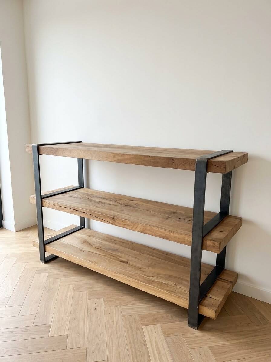 Industrial bookshelf console in solid wood and steel.