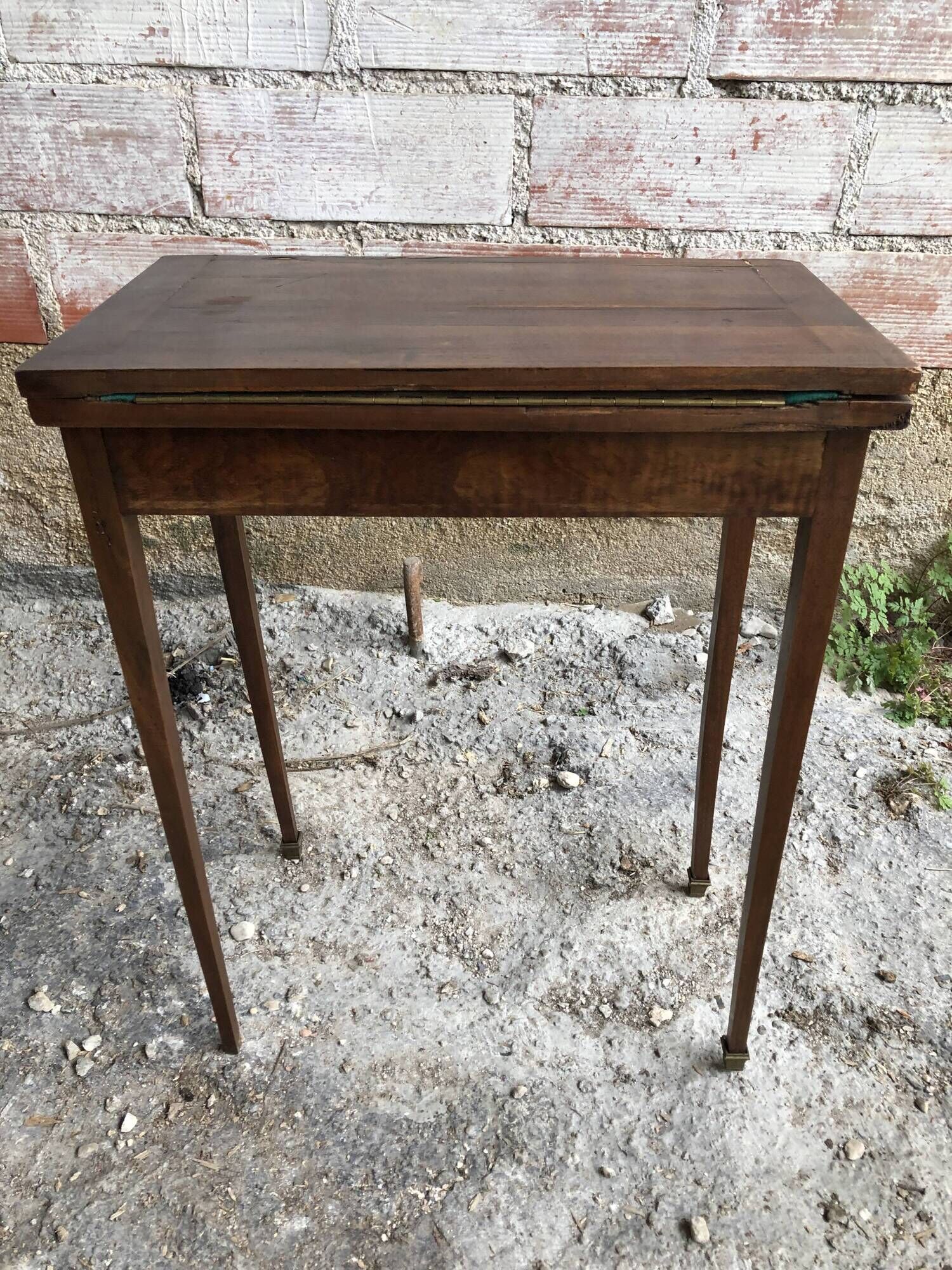 Old Game Table Folding Wood Green Carpet + Vintage Brass Hooves