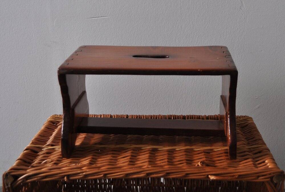 Vintage brown-stained pine stool, rustic/industrial style, 1960s.