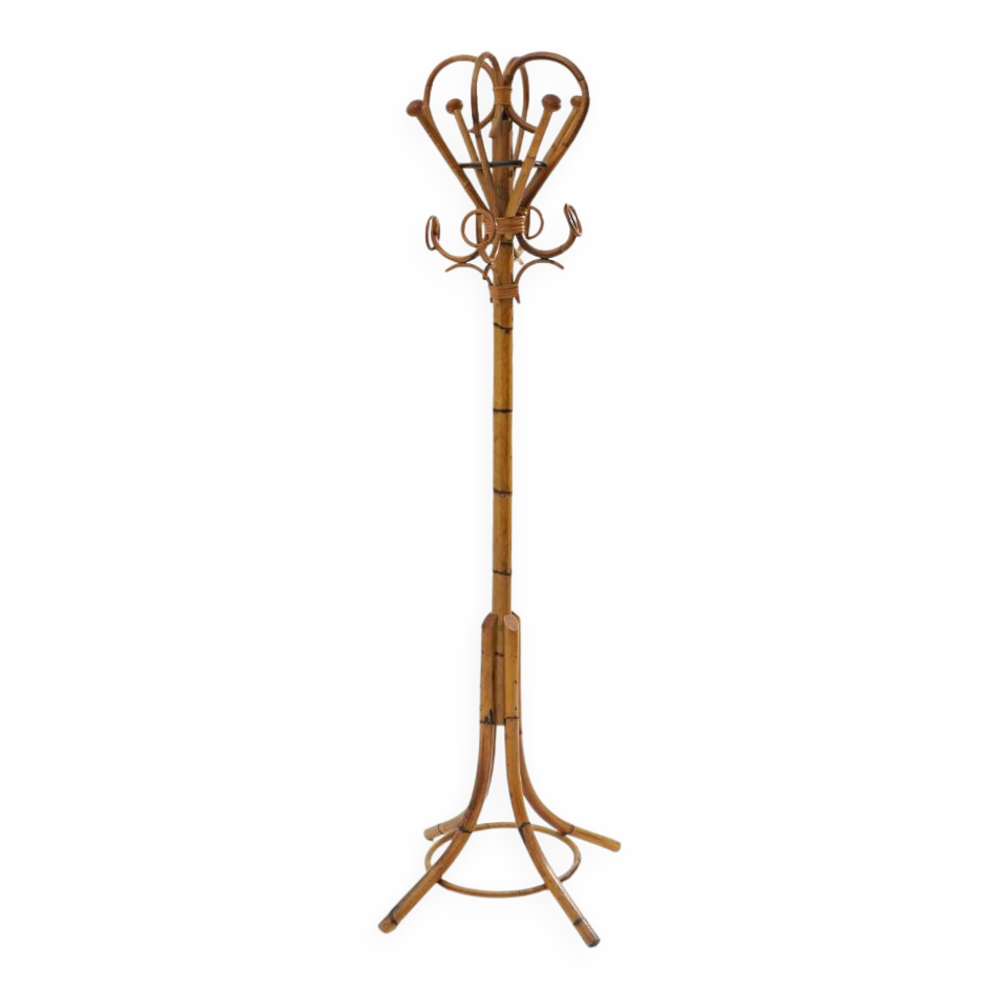 Porte-manteau sur pied en rattan et osier tressé, années 1960.